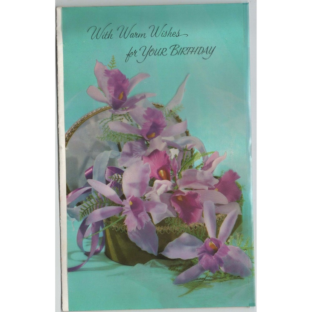 Vintage 1950s Hallmark Birthday Greeting Card Purple Orchids Floral Basket VG